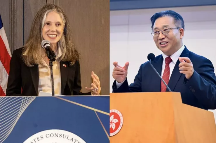 US Consul General in Hong Kong Julie Eadeh (left) and Commissioner of the Hong Kong Office of the Chinese Foreign Ministry - Mr. Cui Jianchun. Photo: SOUTH CHINA MORNING POST