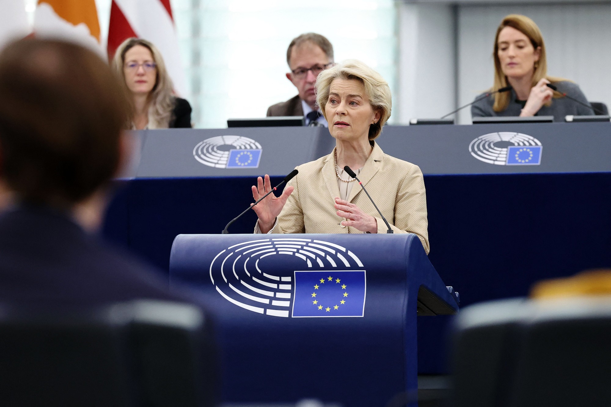 European Commission President Ursula von der Leyen is the one who proposed to mobilize 140 billion euros for Ukraine from frozen Russian assets. Photo: Euromaidan Press.
